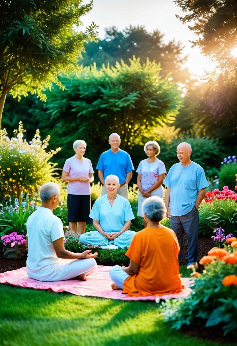 Illustrate a serene garden with diverse people of varying ages and backgrounds engaging in supportive activities, such as meditation and sharing stories, surrounded by vibrant flowers symbolizing hope and healing. The sun sets in the background casting a warm glow, reflecting positivity and resilience in the journey through cancer treatment. super-realistic. vibrant colors. soft focus.
