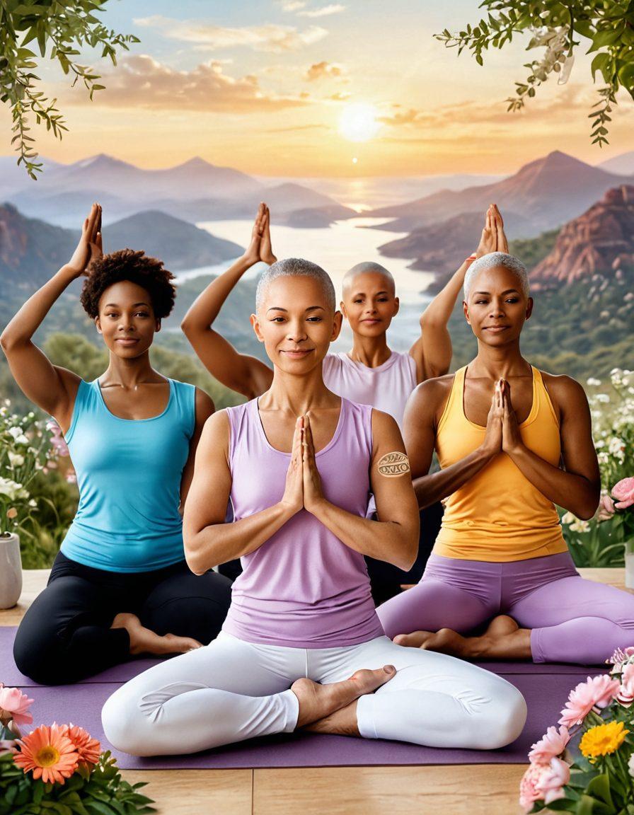 A diverse group of cancer survivors standing together, radiating hope and strength, surrounded by symbols of wellness like yoga poses, healthy foods, and supportive hands. The background features a serene landscape with blooming flowers and a soft sunrise, symbolizing new beginnings. Use warm and inviting colors to evoke a sense of community and empowerment. super-realistic. vibrant colors. soft focus.